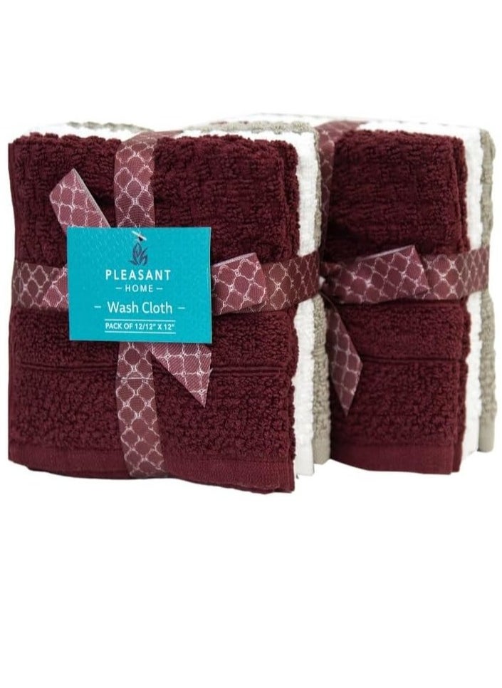 PH Pleasant Home Wash Cloths Set - 12 Pack (12” x 12”) – 509 GSM- 100% Ring Spun Cotton Wash Cloth - Super Soft and Highly Absorbent Face Towels (Maroon, White & Tan, Checker Design)