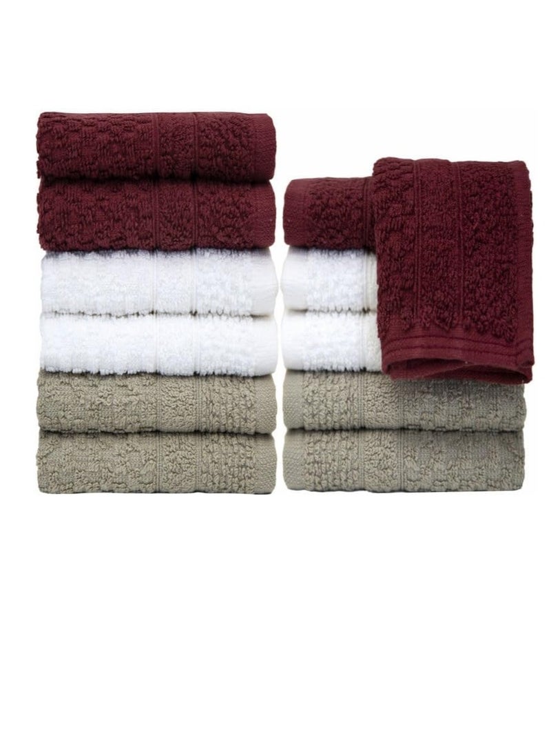 PH Pleasant Home Wash Cloths Set - 12 Pack (12” x 12”) – 509 GSM- 100% Ring Spun Cotton Wash Cloth - Super Soft and Highly Absorbent Face Towels (Maroon, White & Tan, Checker Design)