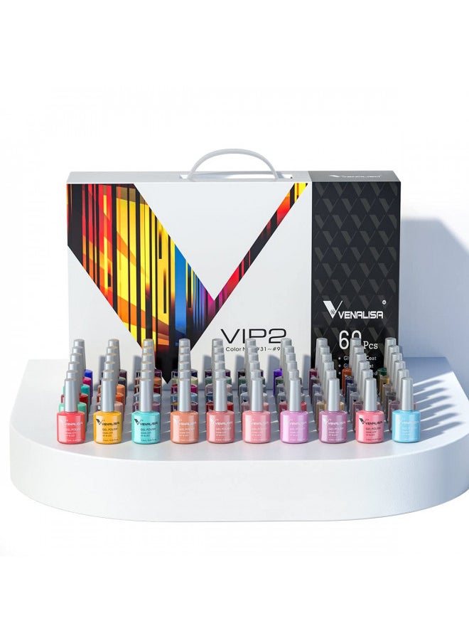 Vip2 Set 60 Colors 7.5ml Gel Nail Polish Kit With Base Top Matt Coat Soak Off Uv Led Nail Gel Polish With Colors Card Nail Art Starter Manicure Salon