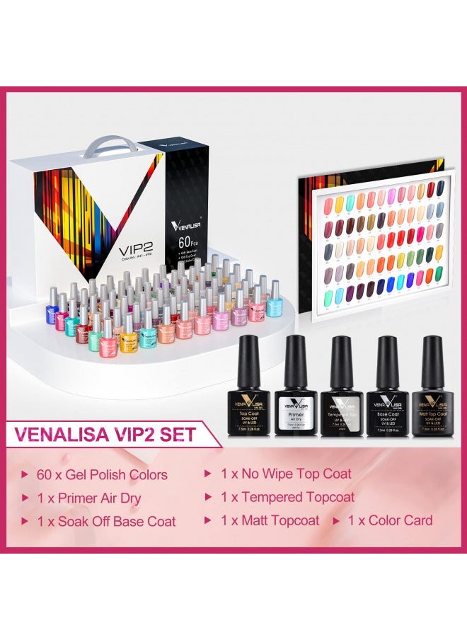 Vip2 Set 60 Colors 7.5ml Gel Nail Polish Kit With Base Top Matt Coat Soak Off Uv Led Nail Gel Polish With Colors Card Nail Art Starter Manicure Salon