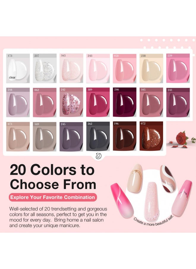 29 Pieces Dip Powder Nail Kit Starter, 20 Colors Clear Nude Pink Brown Glitter All Season Acrylic Dipping Powder System Essential Liquid Set with Top/Base Coat Activator for French Nail Manicure DIY Salon Women Gift