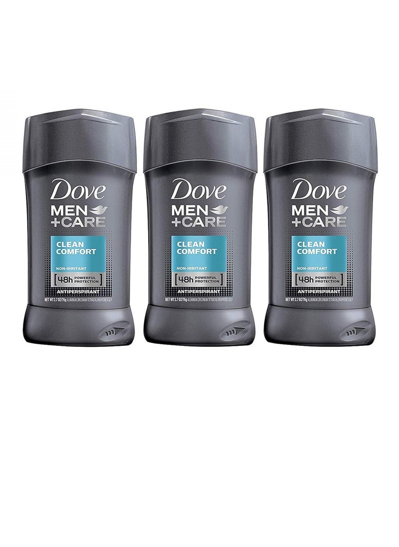 Dove Men + Care Antiperspirant - Clean Comfort - Non-Irritant - Net Wt. 2.7 OZ (76 g) Per Stick - Pack of 3 Sticks