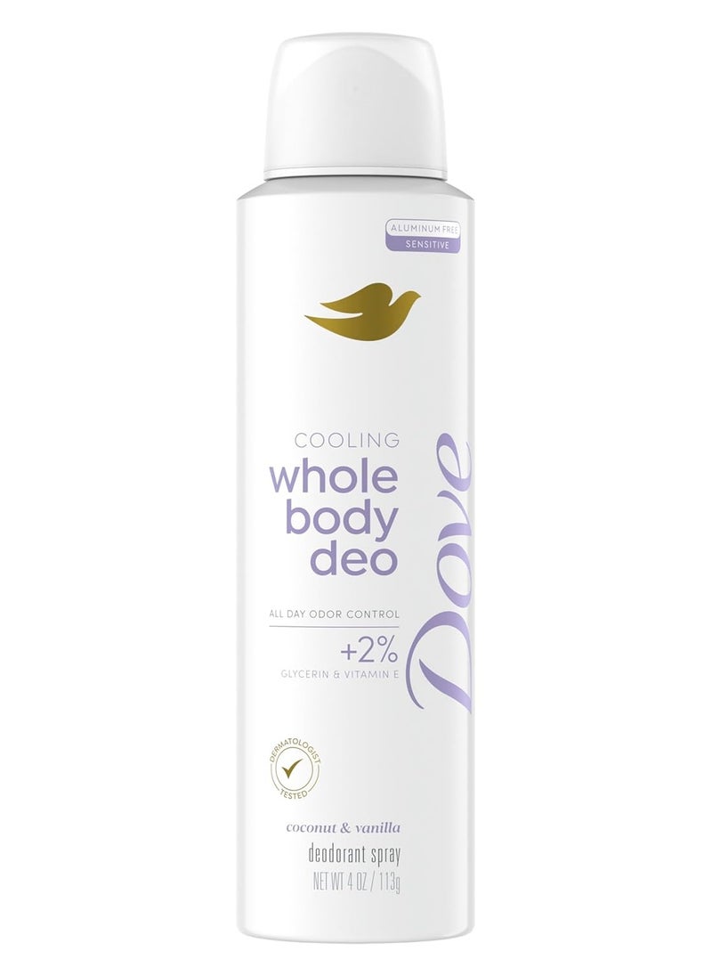 Dove Whole Body Deo Aluminum Free Invisible Spray Deodorant Coconut & Vanilla for 72h Odor Control 4 oz