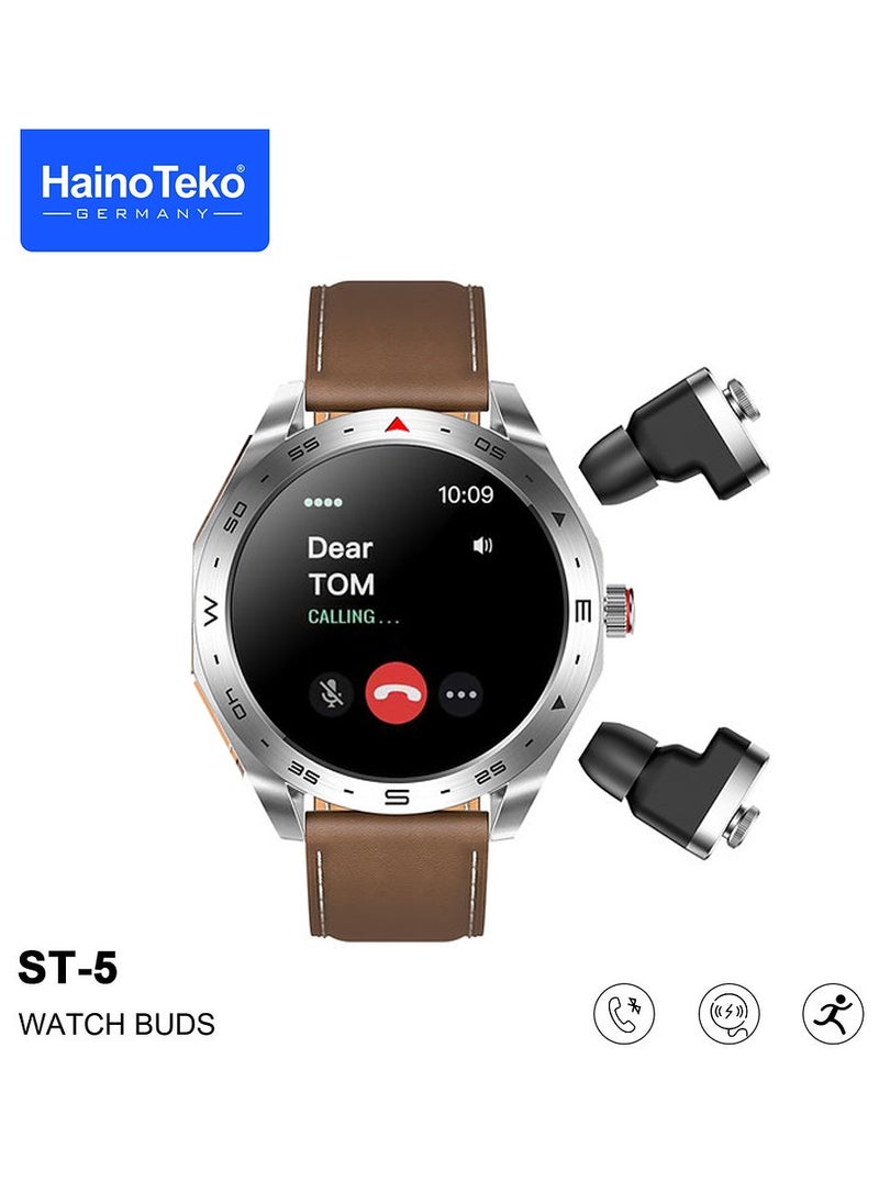 Haino Teko ST5 Watch Buds Round Shape AMOLED Display Smart Watch Bluetooth Earbuds for Mens Silver