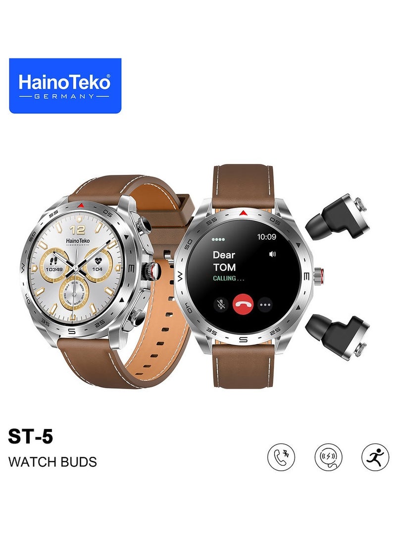 Haino Teko ST5 Watch Buds Round Shape AMOLED Display Smart Watch Bluetooth Earbuds for Mens Silver