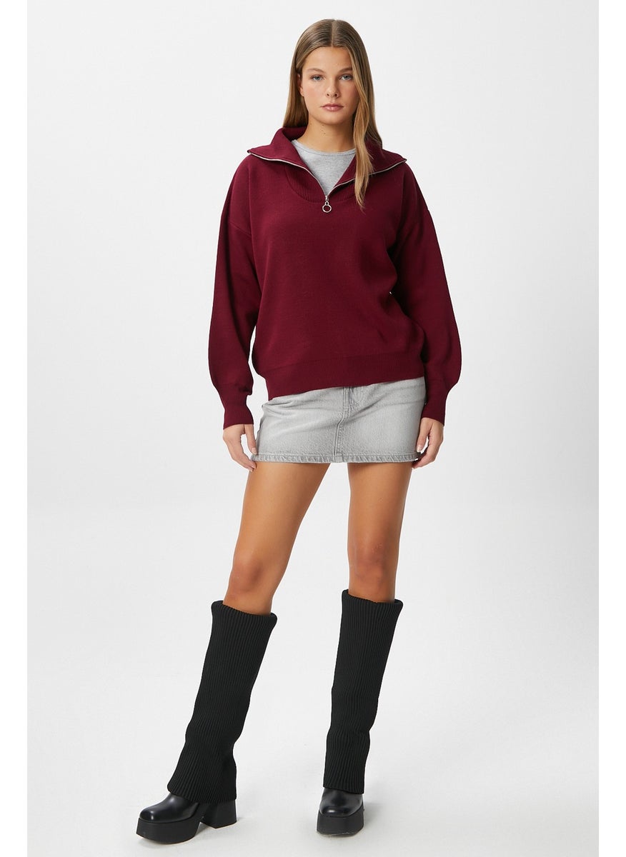 Women Bruno Basic Zippered Burgundy Sweater