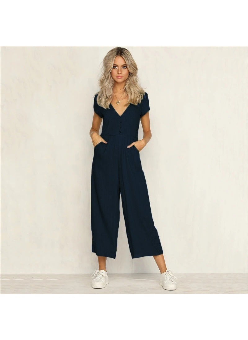 Bürümcük Daily Summer V-Neck Short Leg Design Women's Jumpsuit BT10LACIVERT3