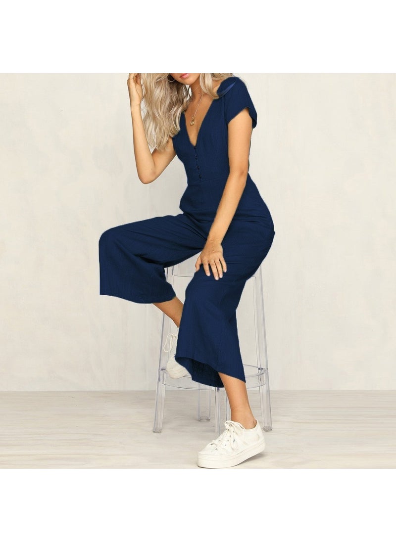 Bürümcük Daily Summer V-Neck Short Leg Design Women's Jumpsuit BT10LACIVERT3