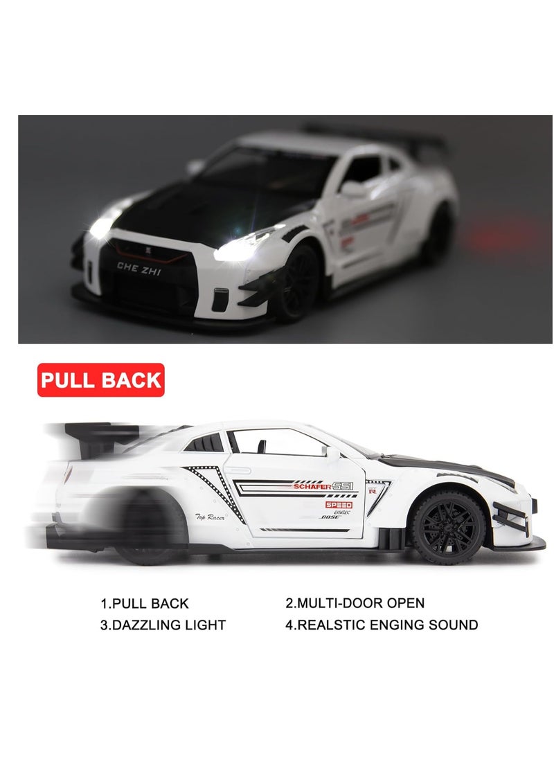 1:24 Scale Door Openable Simulation GTR R35 Sports Diecast Zinc Alloy Pull Back Collectible Toy Car with Sound and Light