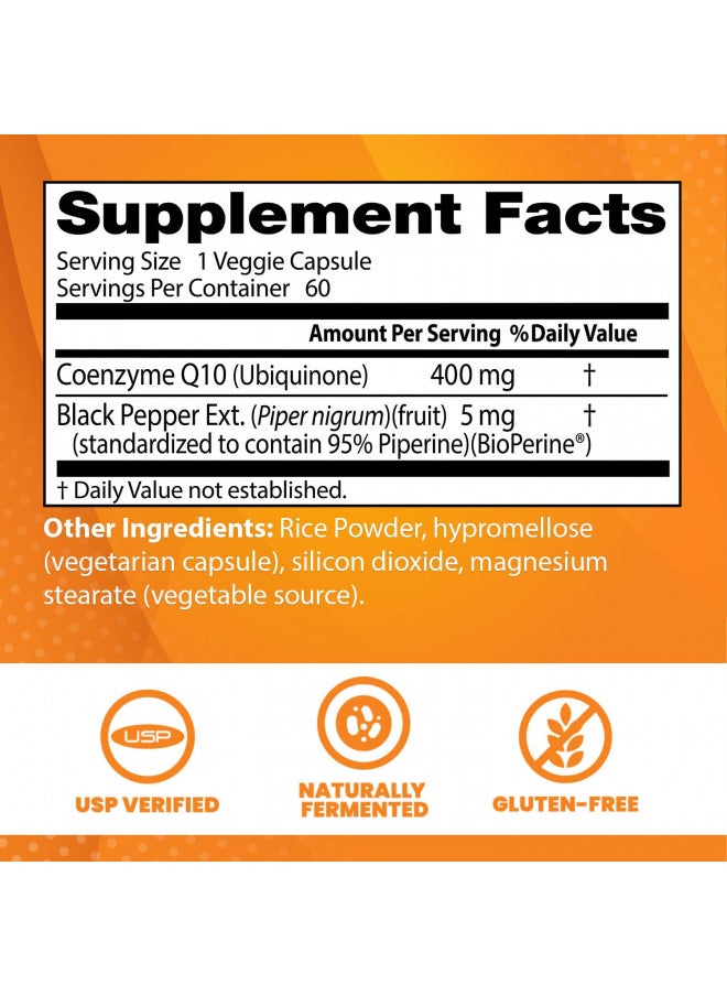 High Absorption Coq10 With Bioperine, Non-gmo, Vegan, Gluten Free, Naturally Fermented, 400 Mg 60 Veggie Caps