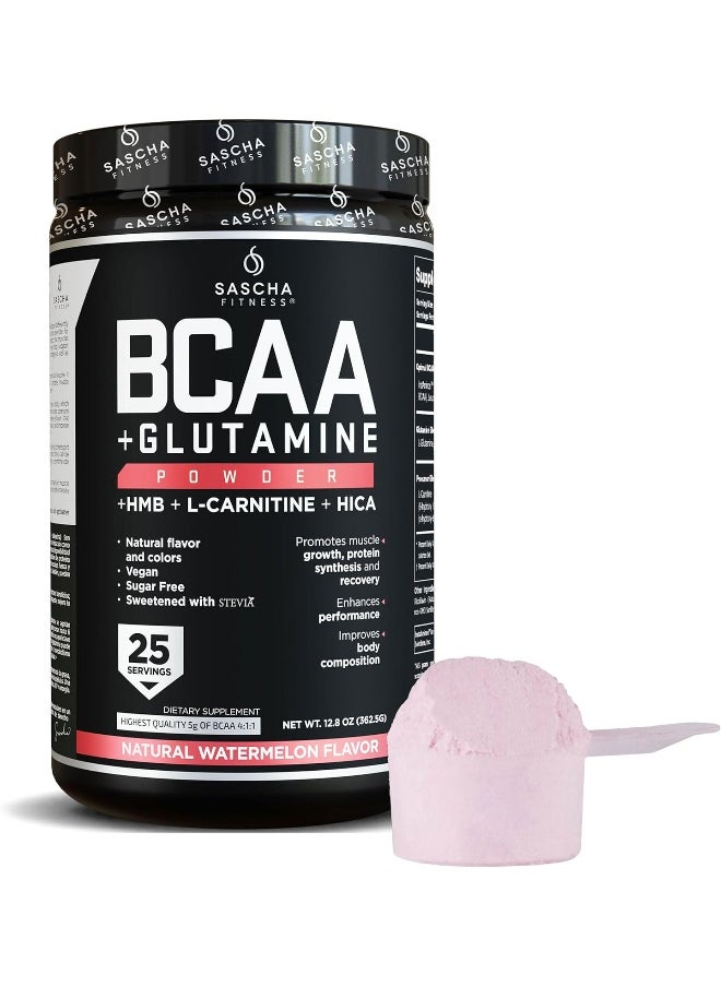 SASCHA FITNESS BCAA 4:1:1 + Glutamine,HMB,L-Carnitine,HICA | Powerful and Instant Powder Blend with Branched Chain Amino Acids (BCAAs) for Pre,Intra and Post-Workout | Natural Watermelon Flavor,350g