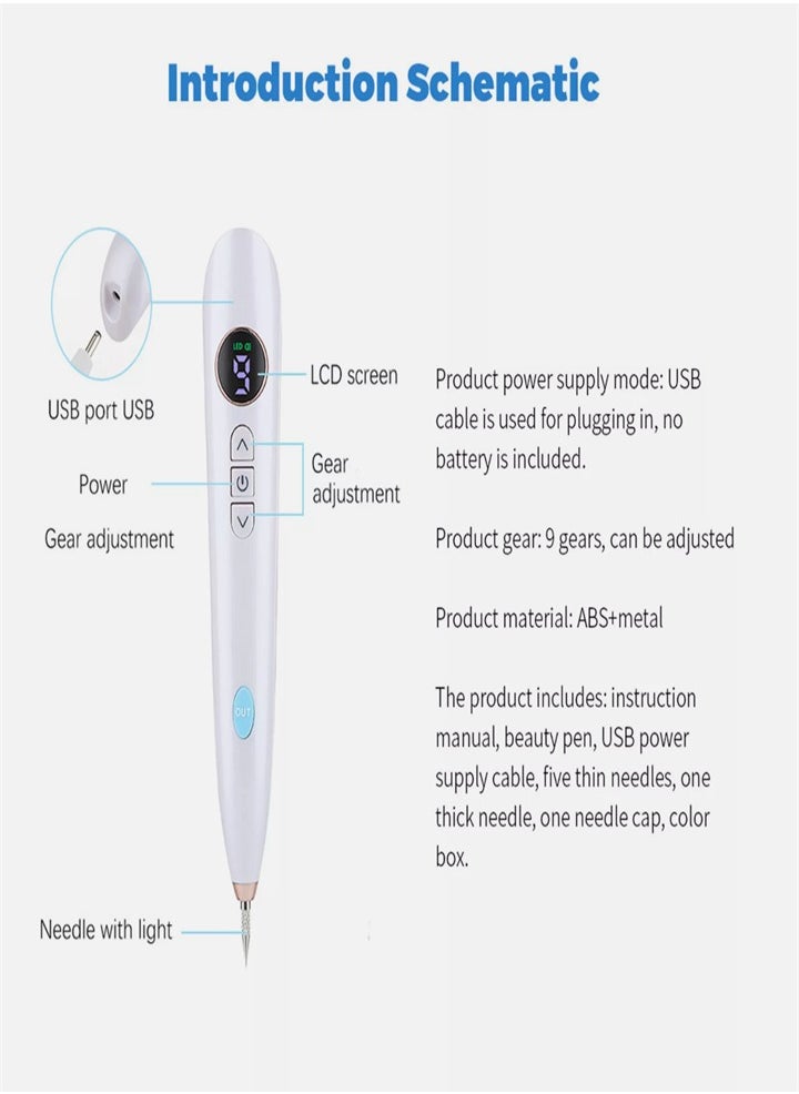 Mole Laser Pointer, Spot Eraser with 9 Modes and LCD Display, Replaceable Needle, USB Rechargeable Mole Removal Pen Skin Tag Removal Tool for Warts Spots Tattoos Body Freckles