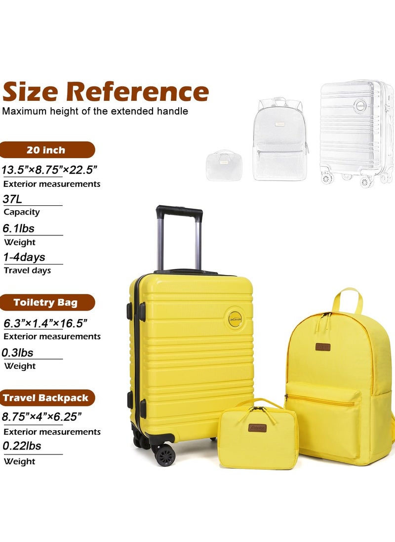 Aklsvion 20 Inch Suitcase Hard Case Luggage Trolley Lightweight Suitcase With 4 Spinner Wheels ABS And PC Luggage Travel Hard Case Luggage Yellow