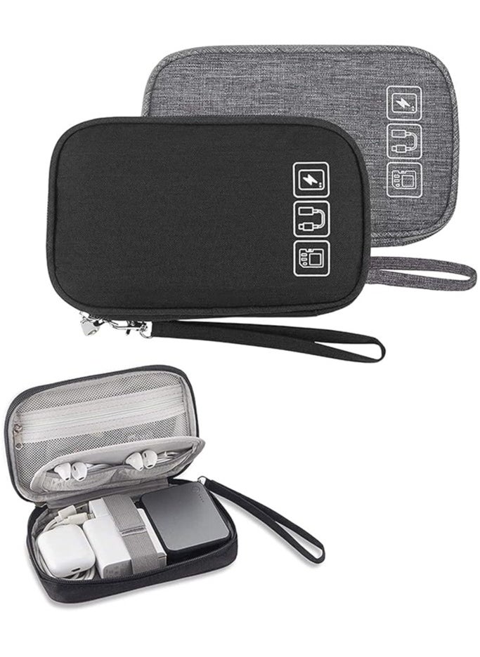 Small Electronic Organizer Cable Bag, Travel Portable 2 PCS Electronic Accessories Storage Bag Soft Carrying Case Pouch for Hard Drive, Cord, Charger, Earphone, USB, SD Card (Black+Gray)