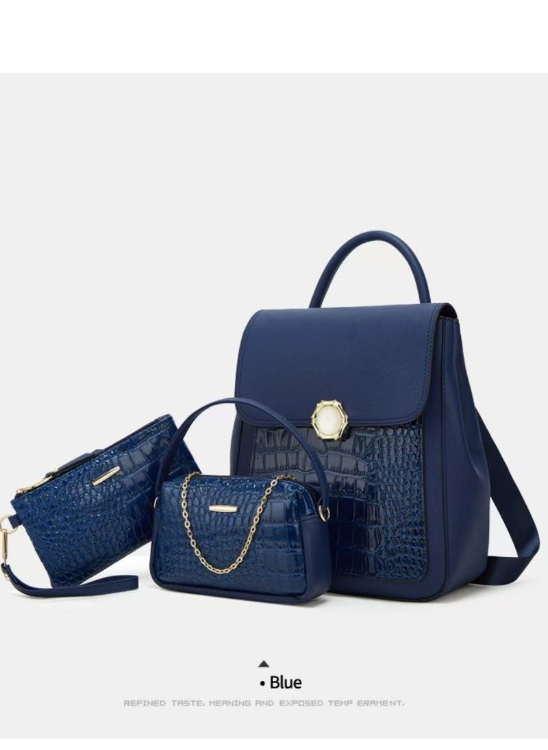 Women's Crocodile Pattern Backpack, Stylish Handbags ,Satchels Purses,Crossbody Bag and clutch, 3 Pcs Set For Women-Blue