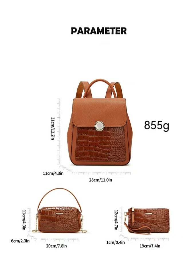 Women's Crocodile Pattern Backpack, Stylish Handbags ,Satchels Purses,Crossbody Bag and clutch, 3 Pcs Set For Women-Brown