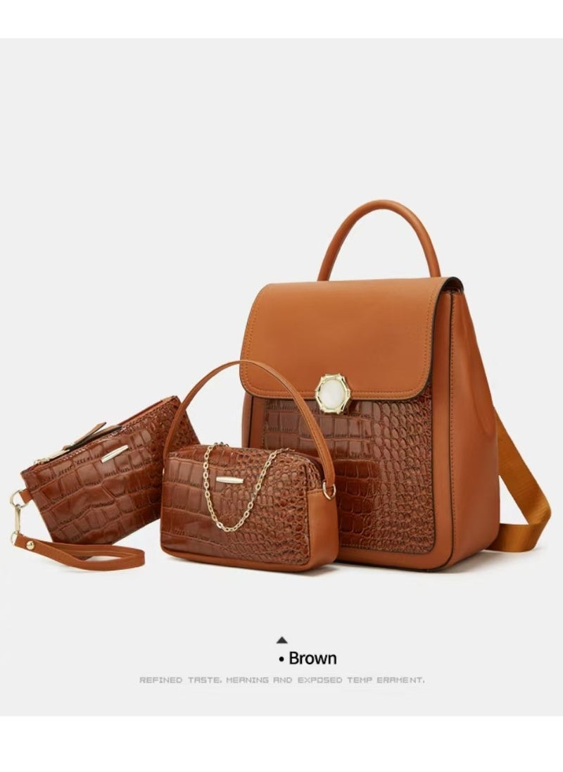 Women's Crocodile Pattern Backpack, Stylish Handbags ,Satchels Purses,Crossbody Bag and clutch, 3 Pcs Set For Women-Brown