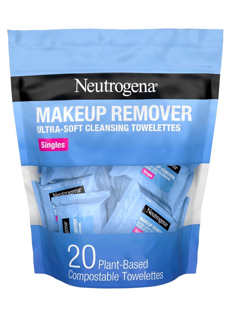 Neutrogena Facial Cleansing Towelette Singles, Daily Face Wipes to Remove Dirt, Oil, Makeup & Waterproof Mascara, Gentle, Alcohol-Free, Individually Wrapped, 20 Count