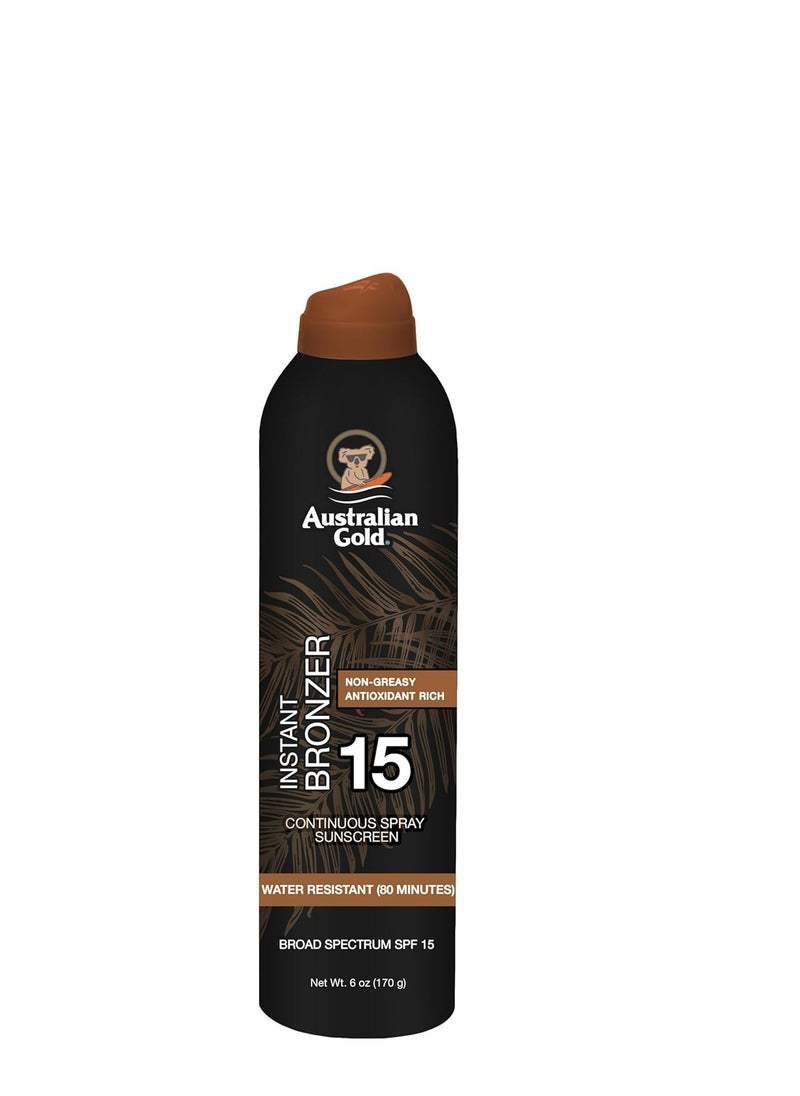 Australian Gold Continuous Spray Sunscreen with Instant Bronzer SPF 15, Immediate Glow & Dries Fast, Broad Spectrum, Water Resistant, Non-Greasy, Oxybenzone Free, Cruelty Free, 6 Ounce