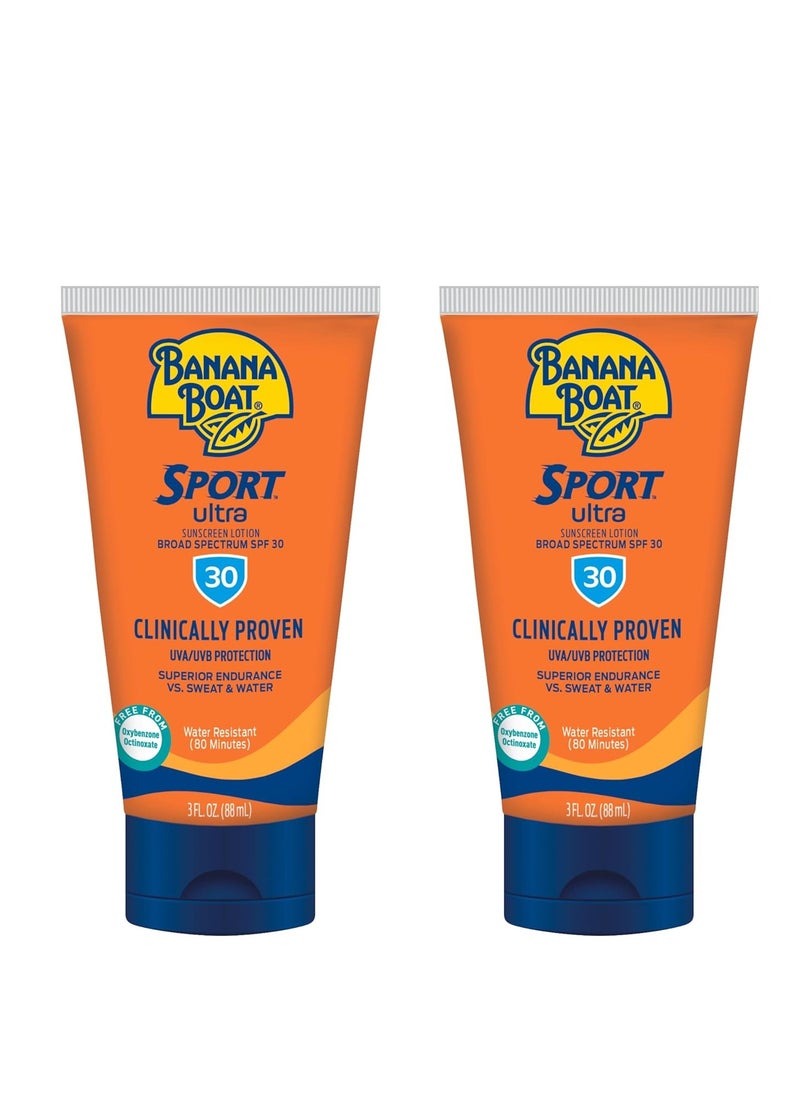 Banana Boat Sport Ultra Sunscreen Lotion SPF 30, Travel Size 3oz Twin Pack, Sweat & Water Resistant Sunblock for Active Lifestyle(Pack of 2)