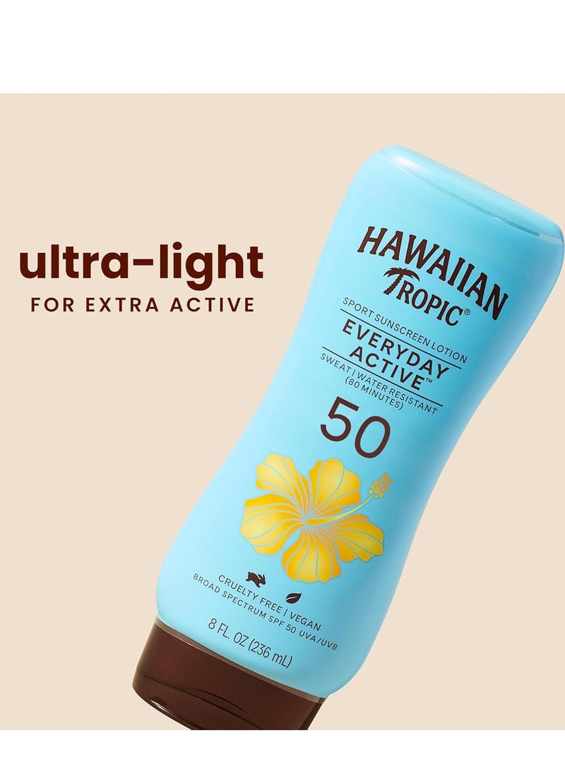 Hawaiian Tropic Everyday Active Lotion Sunscreen SPF 50, 8oz | Hawaiian Tropic Sunscreen SPF 50, Sunblock, Broad Spectrum Sunscreen, Oxybenzone Free Sunscreen, Water Resistant Sunscreen, 8oz