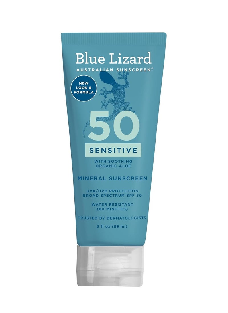 Blue Lizard SENSITIVE Mineral Sunscreen with Zinc Oxide, SPF 50+, Water Resistant, UVA/UVB Protection with Smart Cap Technology - Fragrance Free, 3 oz. Tube