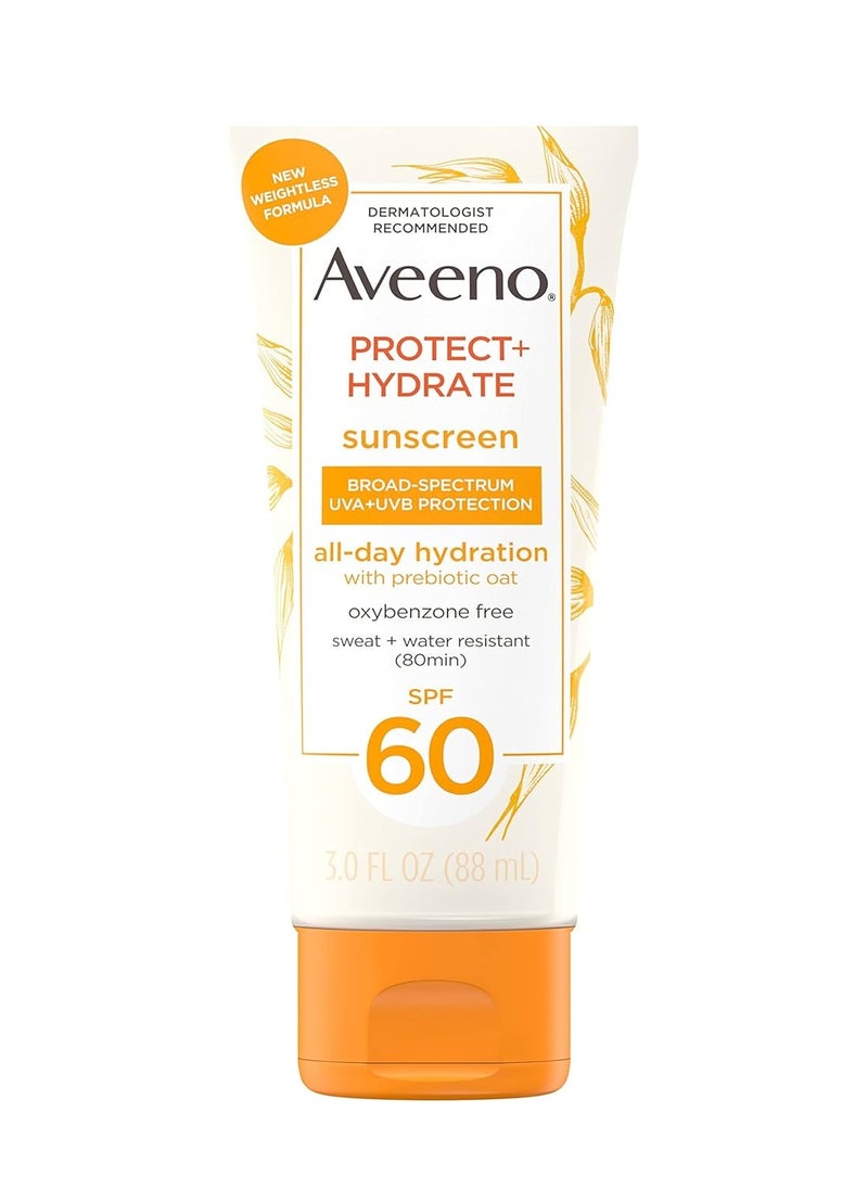 Aveeno Protect + Hydrate Moisturizing Body Sunscreen Lotion with Broad Spectrum SPF 60 & Prebiotic Oat, Weightless & Refreshing Feel, Paraben-Free, Oil-Free, Oxybenzone-Free, 3.0 fl. Oz