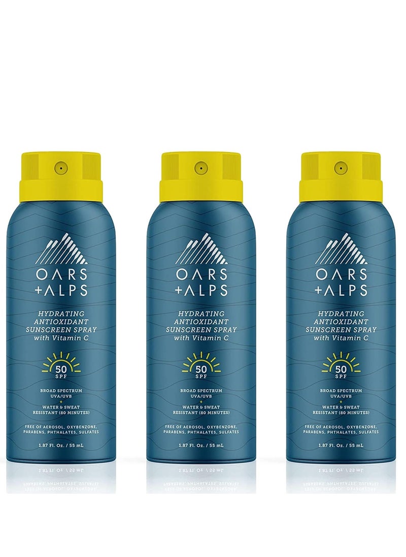 Oars + Alps Hydrating SPF 50 Sunscreen Spray, Infused with Vitamin C and Antioxidants, Water and Sweat Resistant, TSA Friendly, 1.87 Oz Each, 3 Pack