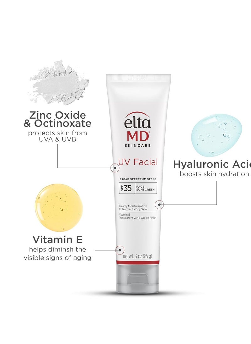 EltaMD UV Facial SPF 30+ Sunscreen Moisturizer Face Lotion, Broad Spectrum Moisturizing Sunscreen with Hyaluronic Acid, Non-Greasy, Mineral-Based Face Sunscreen with Zinc Oxide, 3.0 oz Tube