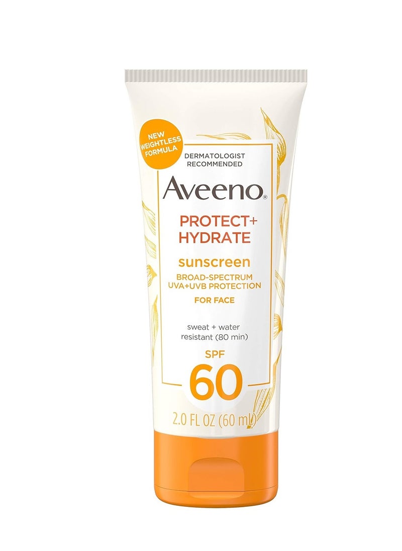 Aveeno Protect + Hydrate Sunscreen Moisturizing Face Lotion with Broad Spectrum SPF 60 and Prebiotic Oat, Paraben, Phthalate, Oxybenzone and Oil Free Sunscreen for Sensitive Skin, 2.0 FL OZ