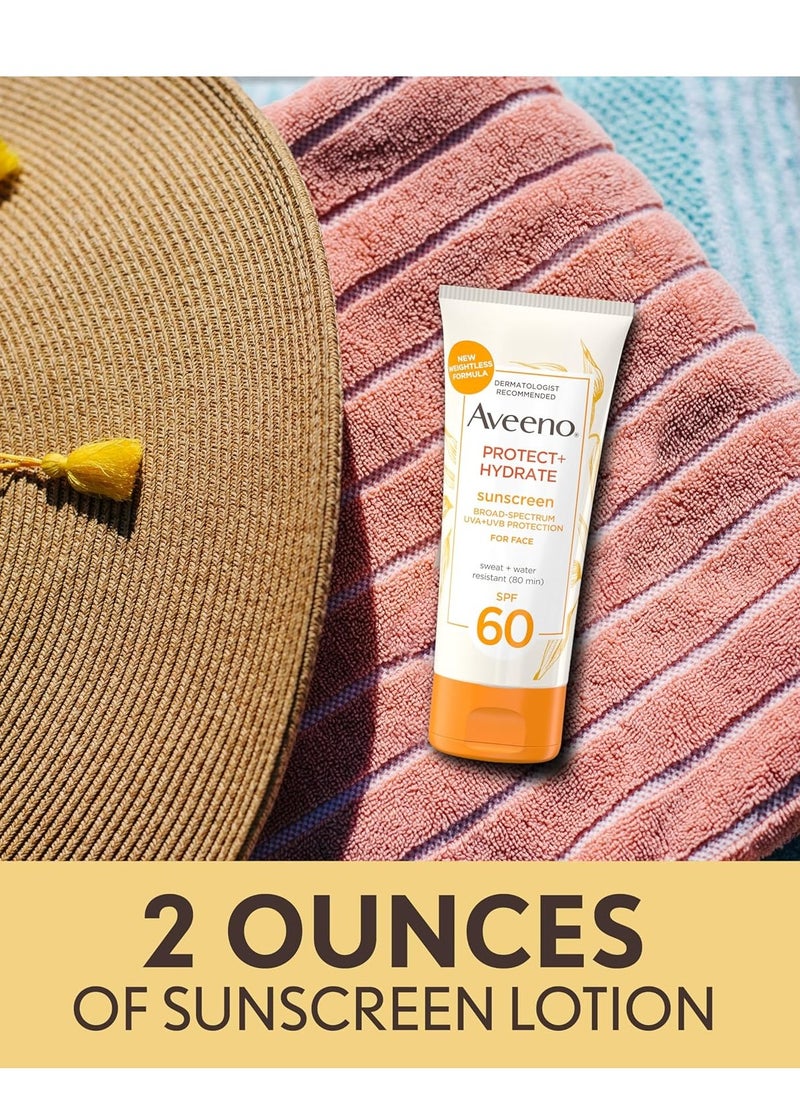 Aveeno Protect + Hydrate Sunscreen Moisturizing Face Lotion with Broad Spectrum SPF 60 and Prebiotic Oat, Paraben, Phthalate, Oxybenzone and Oil Free Sunscreen for Sensitive Skin, 2.0 FL OZ