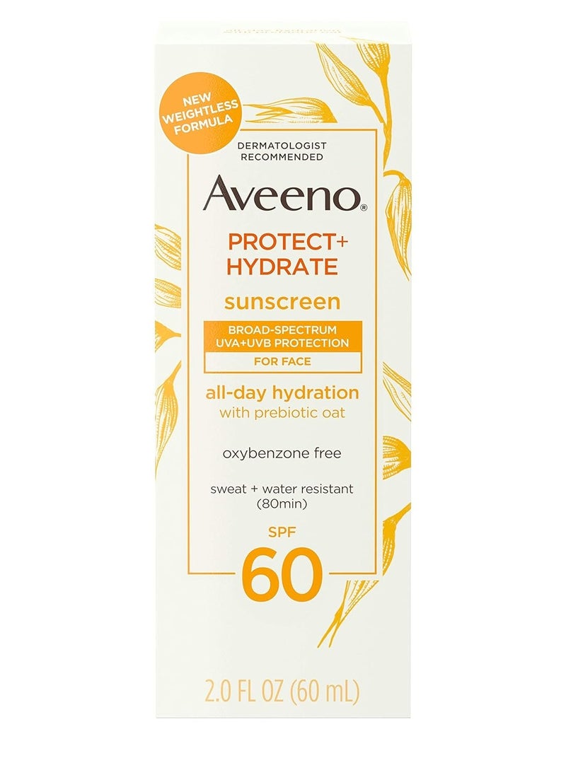 Aveeno Protect + Hydrate Sunscreen Moisturizing Face Lotion with Broad Spectrum SPF 60 and Prebiotic Oat, Paraben, Phthalate, Oxybenzone and Oil Free Sunscreen for Sensitive Skin, 2.0 FL OZ