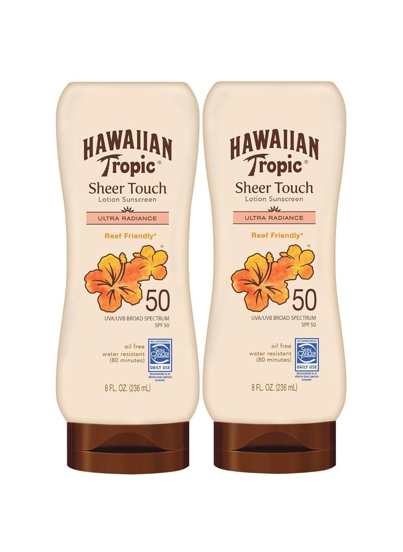 Hawaiian Tropic Sheer Touch Ultra Radiance Lotion Sunscreen SPF 50, 8oz Twin Pack | Hawaiian Tropic Sunscreen SPF 50, Sunblock, Oxybenzone Free Sunscreen, Body Sunscreen Pack, 8oz each