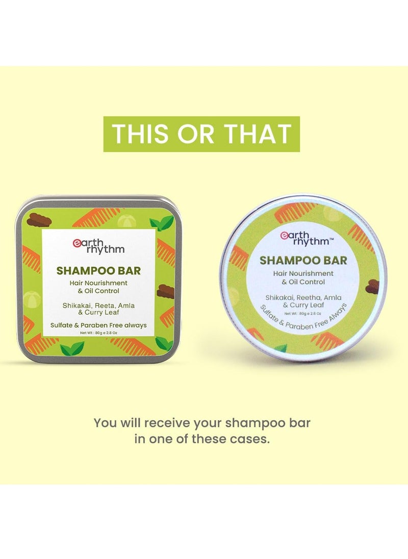 Earth Rhythm Shikakai Shampoo Bar for Hairfall | Contains Shikakai, Curry Leaf, Reeta & Amla Extracts | Men & Women | Sulphate & Paraben Free (Tin Packaging) - 80gm