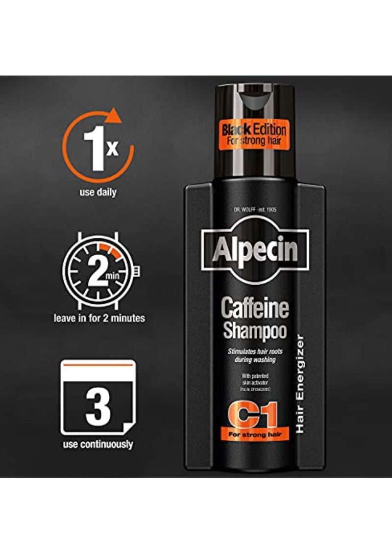 Caffeine Shampoo C1 Black Edition 250 ml (Pack of 2) - Men's Natural Hair Growth Shampoo for Thinning Hair with Niacin, Menthol and Castor Oil, Made in Germany