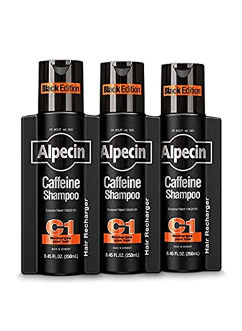 Caffeine Shampoo C1 Black Edition 250 ml (Pack of 3) - Men's Natural Hair Growth Shampoo for Thinning Hair with Niacin, Menthol and Castor Oil, 8.45 fl. oz