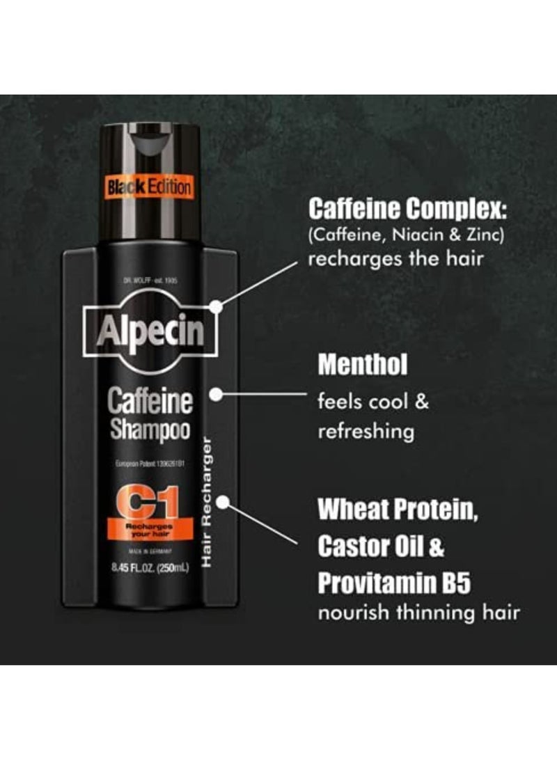 Caffeine Shampoo C1 Black Edition 250 ml (Pack of 3) - Men's Natural Hair Growth Shampoo for Thinning Hair with Niacin, Menthol and Castor Oil, 8.45 fl. oz