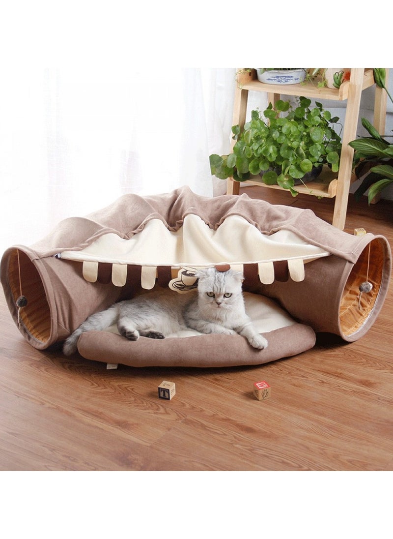 Cat Toy Collapsible Tunnel Bed Comfortable Cave, Round Hug and Snuggle Hole Pet Nest Bed Channel Detachable Cover Suitable for Kittens-Free 2 Rotating Catnip Balls - Beige color