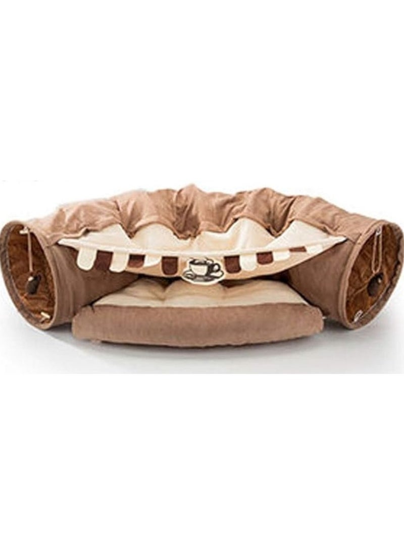 Cat Toy Collapsible Tunnel Bed Comfortable Cave, Round Hug and Snuggle Hole Pet Nest Bed Channel Detachable Cover Suitable for Kittens-Free 2 Rotating Catnip Balls - Beige color