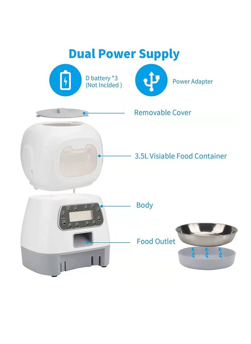 Automatic Cat Feeder, 4L Detachable Cat Food Dispenser for Dry Food Up to 15 Portions(8g/Portion) 6 Meals Per Day, Dual Power Supply Timed Cat Feeders