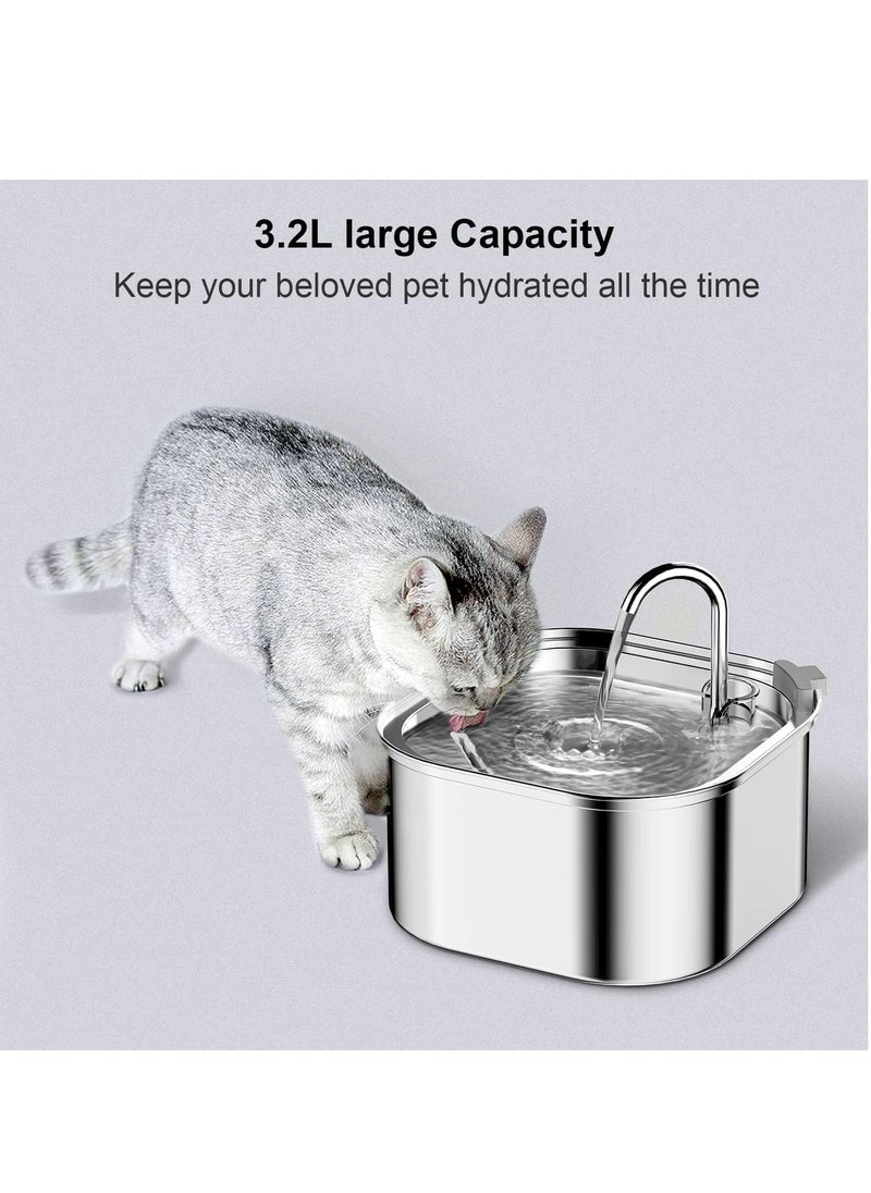 Cat Fountain, Stainless Steel, 3.2 Litre Drinking Fountain for Cats, Dogs, with Water Pump, Pump and Replacement Filter