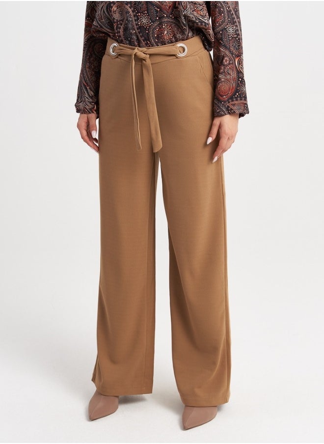 Elegant Wide-Leg Camel Trousers with Tie-Waist Detail for Women