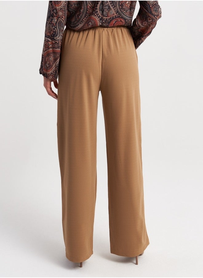 Elegant Wide-Leg Camel Trousers with Tie-Waist Detail for Women