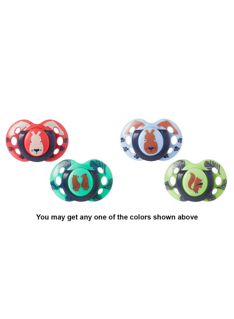 Pack Of 2 Fun Style Soothers, Symmetrical Orthodontic Design, BPA-Free Silicone Baglet 18-36 Months Colours And Designs Vary