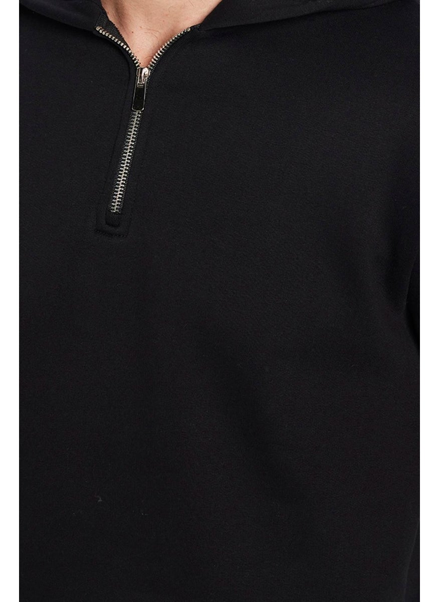 Relax Fit Comfortable Cut Cotton Fleece Lined Half Zipper Black Hooded Sweatshirt
