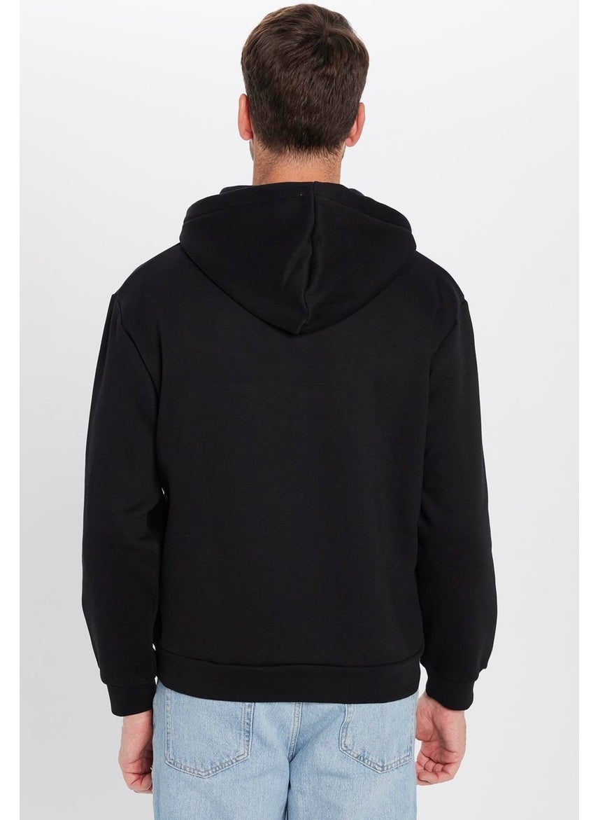 Relax Fit Comfortable Cut Cotton Fleece Lined Half Zipper Black Hooded Sweatshirt