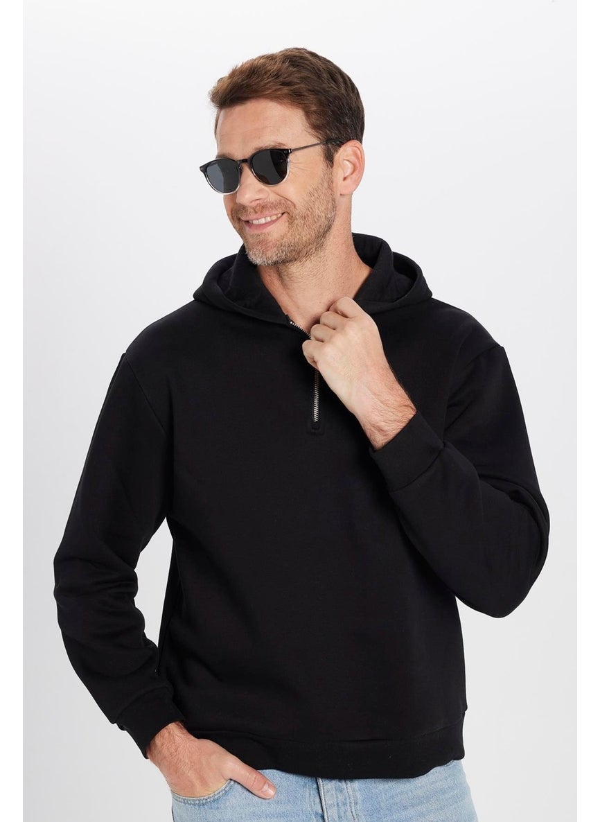 Relax Fit Comfortable Cut Cotton Fleece Lined Half Zipper Black Hooded Sweatshirt