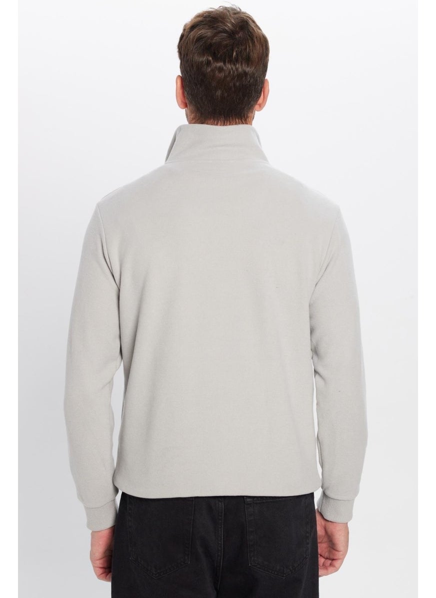 Relax Fit Comfortable Cut Cotton Half Zipper Gray Stand Collar Sweatshirt