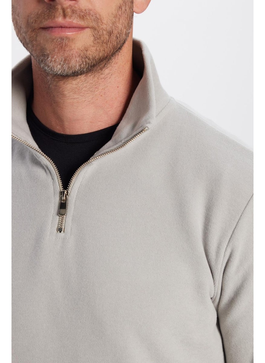 Relax Fit Comfortable Cut Cotton Half Zipper Gray Stand Collar Sweatshirt