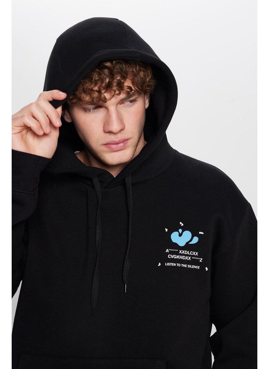 Unisex Oversize Wide Cut Cotton Soft Textured Polar Fleece Printed Black Hooded Sweatshirt